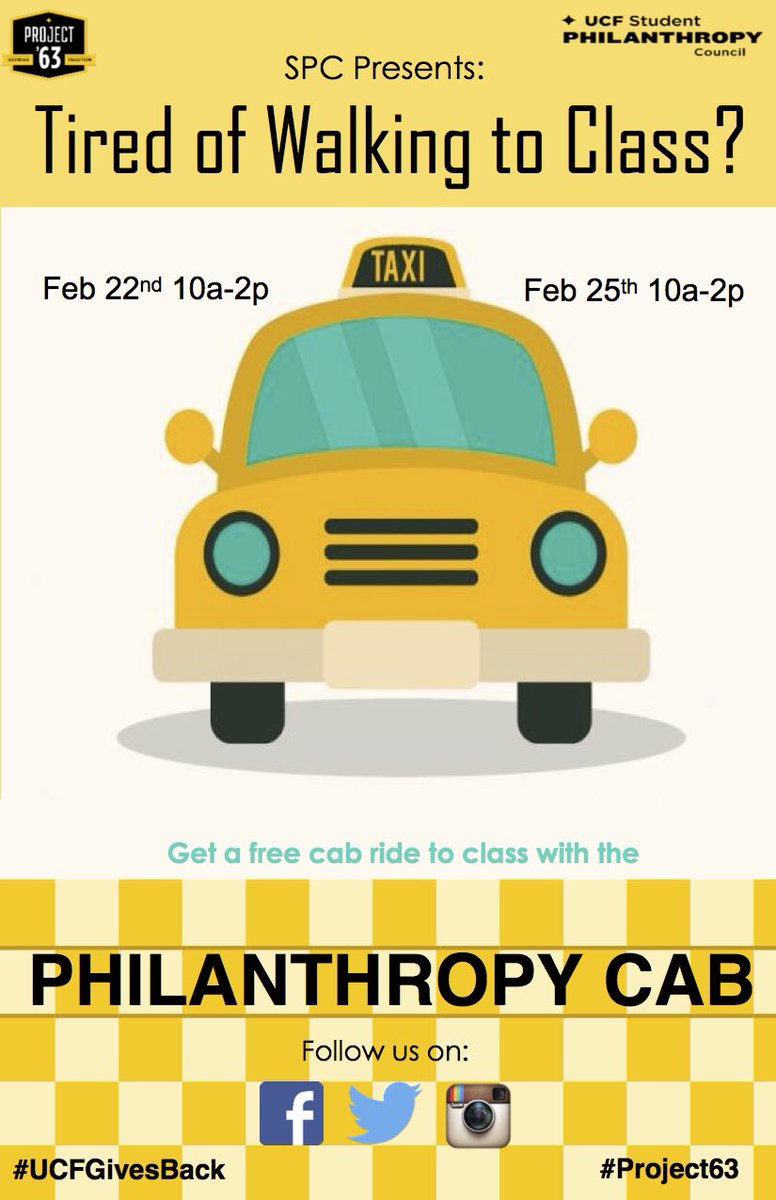 UCF_SPC's tweet photo. And if you see the Philanthropy Cab creepin thru #UCF catch a ride. Win prizes!!! #Project63 #UCFGivesBack 🚖🚖🚖 https://t.co/eJJr4K7PeW