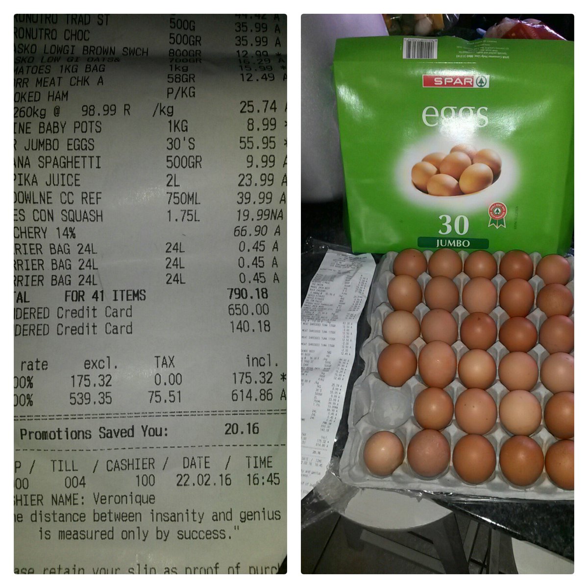 Just bought these groceries at <a href="/DieBoord/">Die Boord Superspar</a> <a href="/SPARInt/">SPAR International</a>. One egg was missing! #shocking #Spar #tightbuget #badretailers?