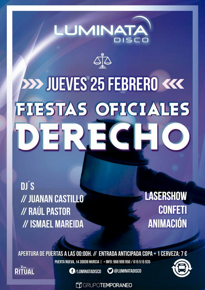 rrpp_javi's tweet photo. FIESTAS DE DERECHO en Luminata!
Entrada + copa + cerveza por 7€!!
Consiguela ya q estan volando!
Venta por MD https://t.co/H9mIPNIKiE