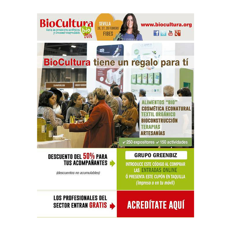 nbsclimate's tweet photo. La red de Greenbiz tiene un 50% en la #FeriadeBiocultura Sevilla con código #GRUPOGREENBIZ https://t.co/50lrwjz47Y https://t.co/g03H26Iuz8