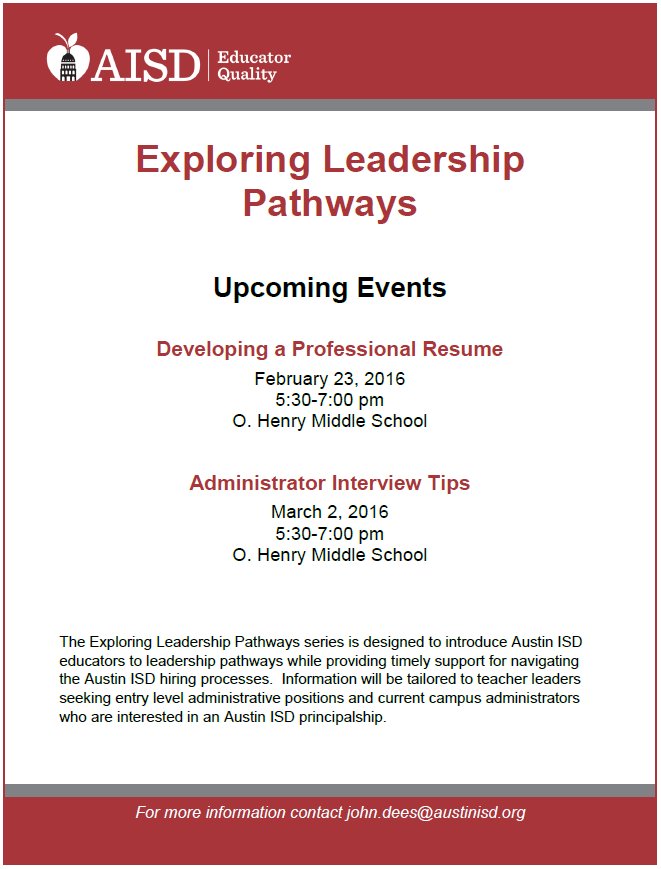 PrincipalDees's tweet photo. Are you an .@AustinISD teacher leader or AP looking to advance?

Bring your resume to O. Henry MS tomorrow at 5:30pm https://t.co/oETsHaJO7j