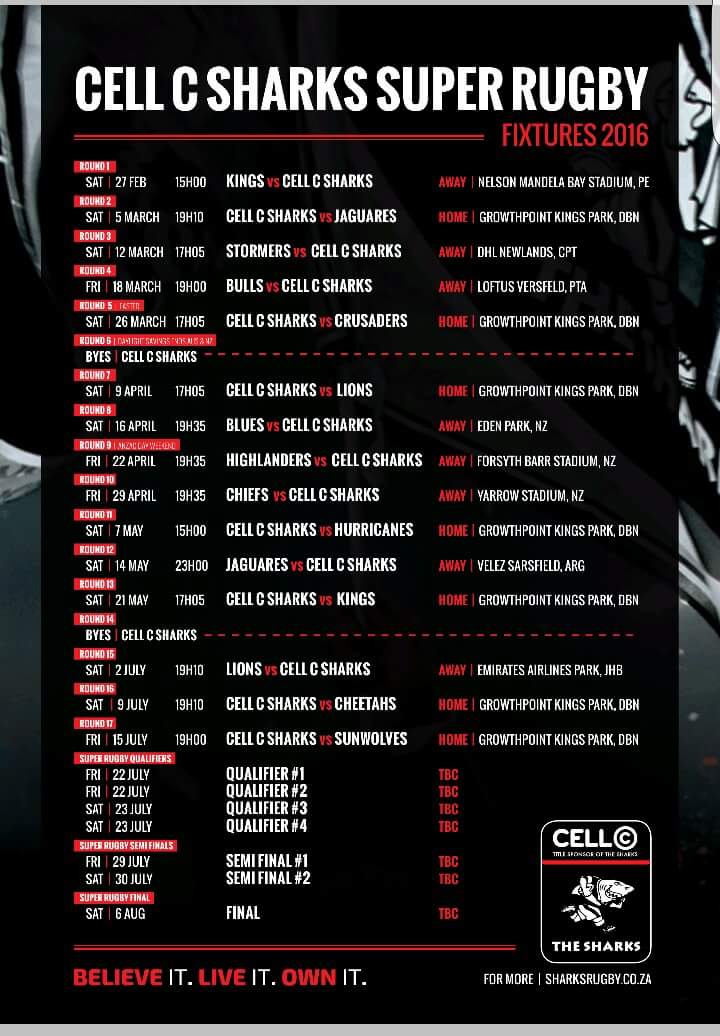 5 Days to go here's the fixtures for 2016 season #CellC #Sharks