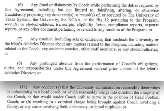 FootballScoop's tweet photo. These are 4 of these reasons for which Texas could terminate Charlie’s contract w cause. https://t.co/sloAAu3h5R https://t.co/V4IVxEezk2