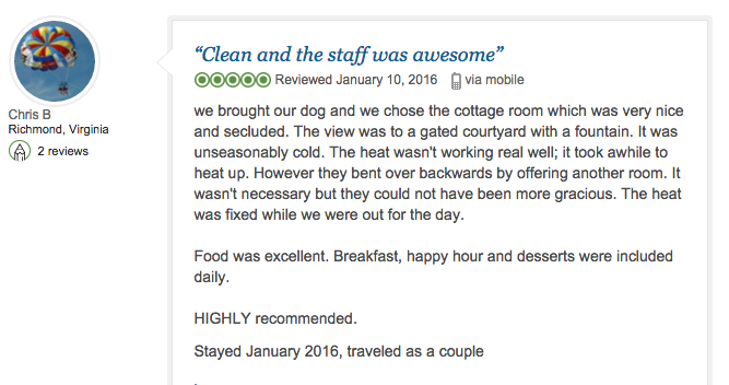 Chris, we were so happy to have you stay with us. Please come see us again and bring our four legged friend!