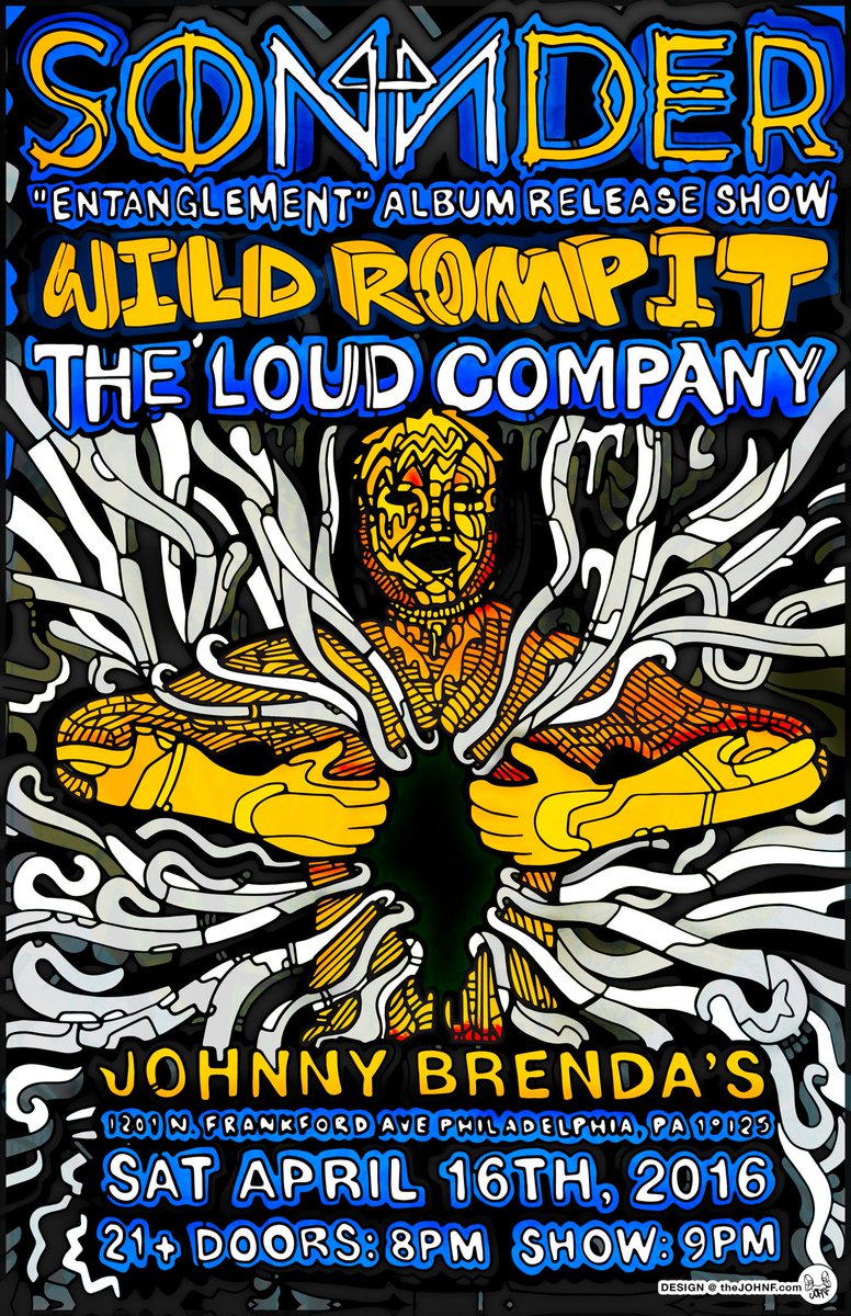 Sonnder's tweet photo. @WildRompit joins our Entanglement LP release show w/ @TheLoudCompany at @johnnybrendas Poster by @theJOHNFcom 4.16 https://t.co/vHmXenInJz