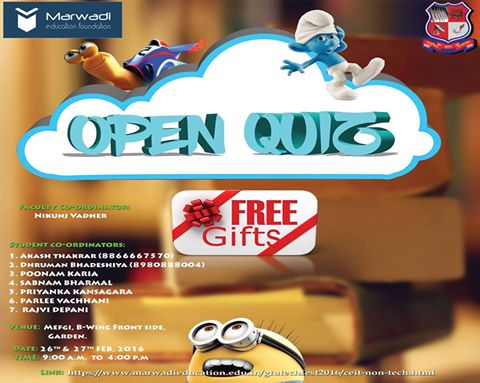 kolidipak38's tweet photo. @mefgroup #GTUTechfest #EnjoyEngineering #MarwadiEducation Open Quiz Win Free Gifts Visit us at #MEFGi on 26-27Feb16 https://t.co/Vnjly7mR34