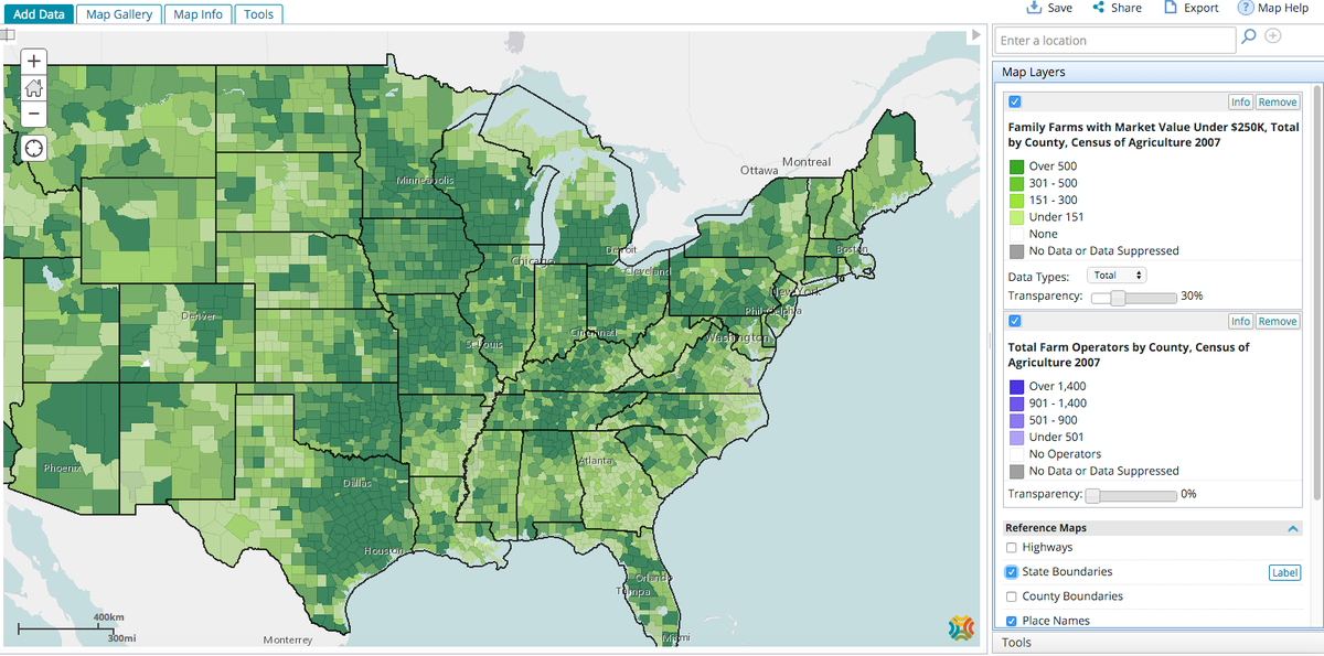 CommunityCommon's tweet image. #MemberMap: Number of family farms with market value under 250K. Zoom in for details: ow.ly/YBFro