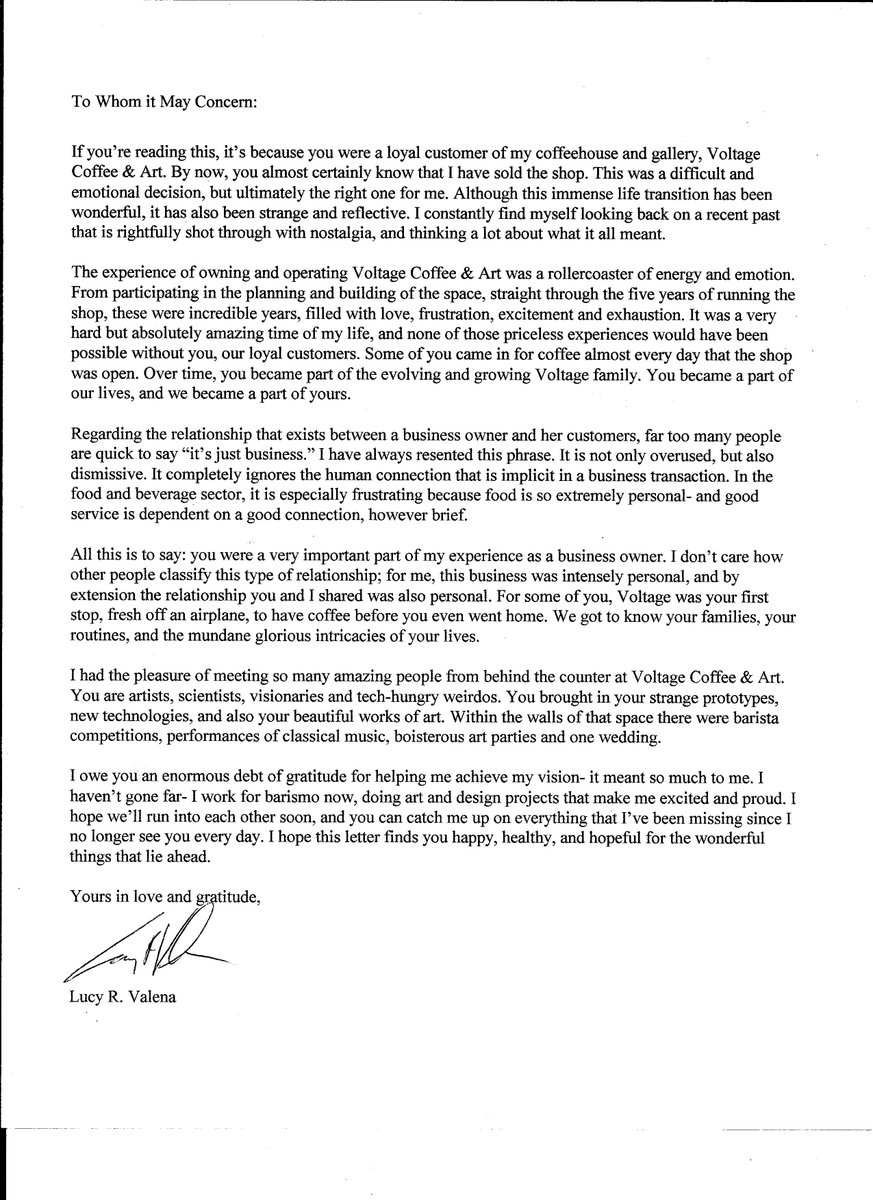 lu_valena's tweet photo. To the amazing customers that made Voltage Coffee &amp; Art possible: I wrote you a letter. Please read it. xoxo https://t.co/7Wz6pBk1D2