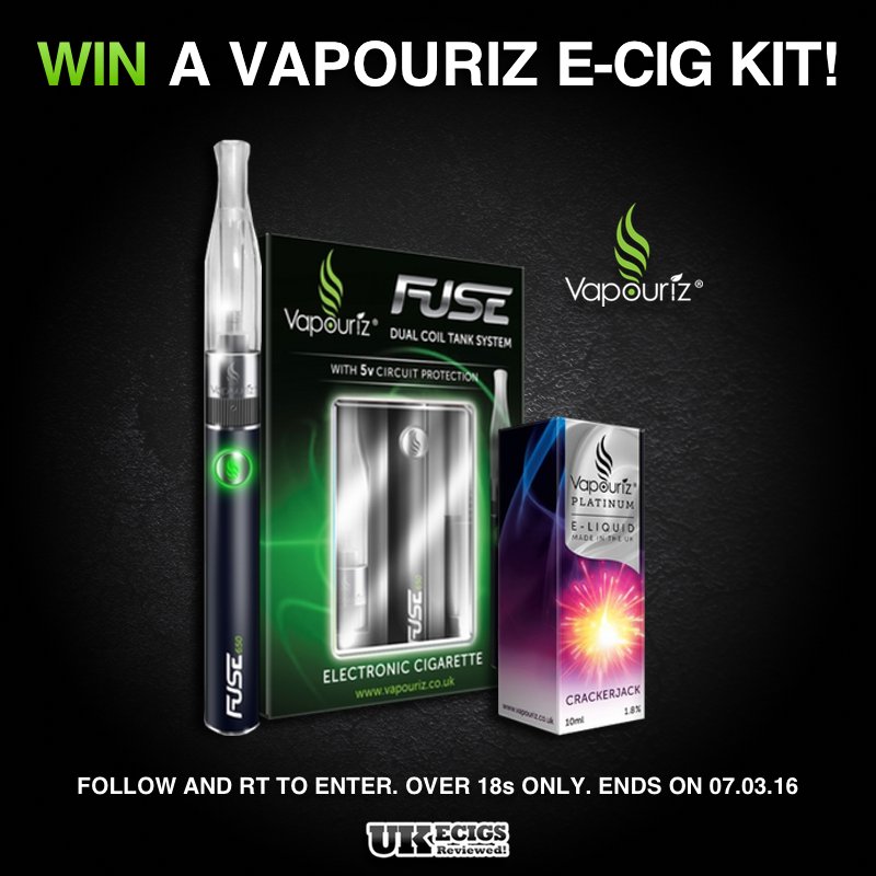UKEcigsReviewed's tweet photo. #WIN a #Vapouriz #Ecig Kit - Follow &amp; RT to enter! Over 18s ONLY. Ends 07.03.16 https://t.co/KruLuWKtpl #Giveaway https://t.co/t1qFrmvkqJ