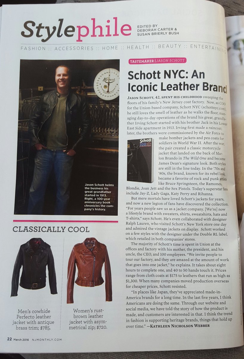 My first piece for <a href="/NJMonthly/">New Jersey Monthly Magazine</a> about  <a href="/Schottnyc/">Schott NYC</a> and their Made in the USA line their stores and slow fashion.