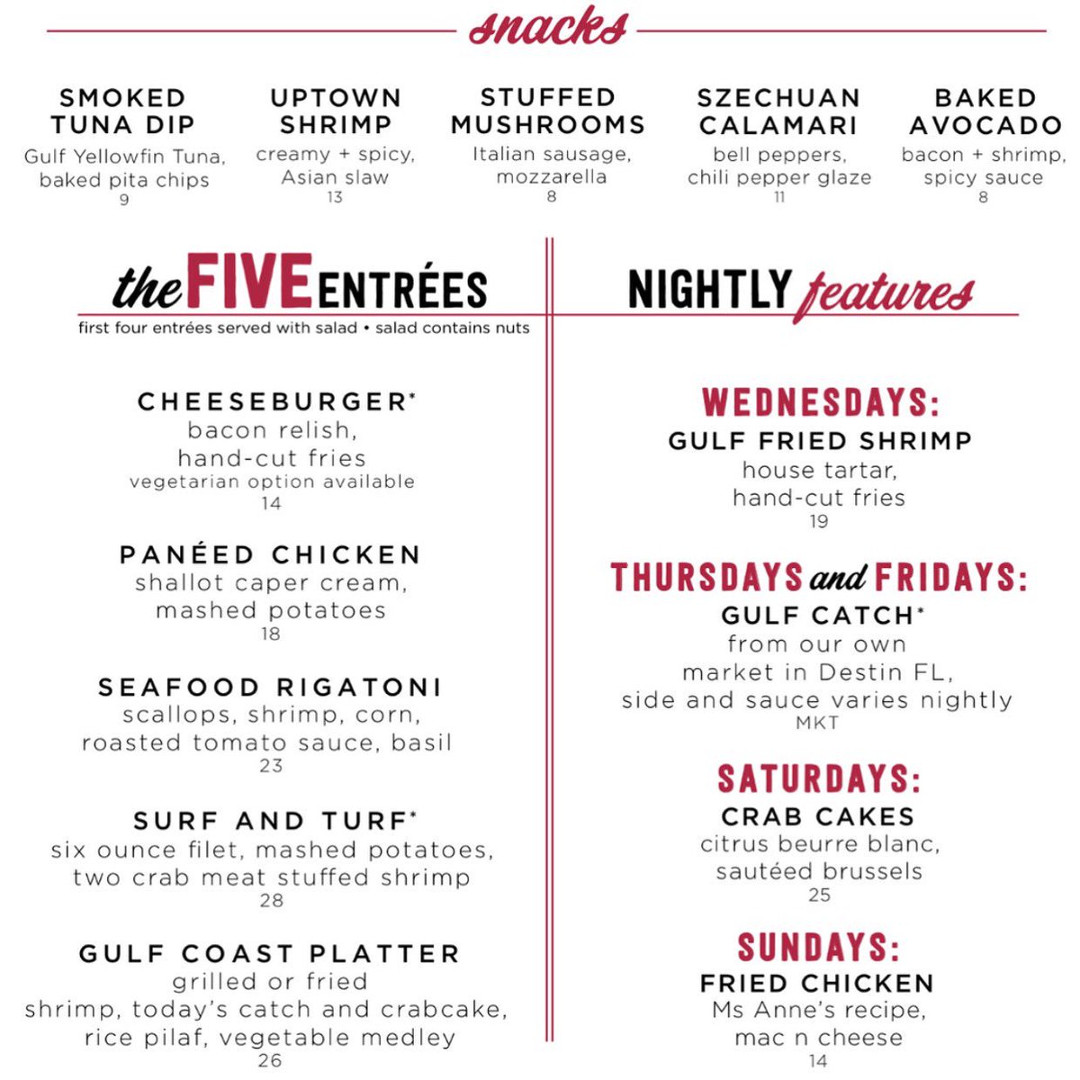 FIVEchattanooga's tweet photo. Don't forget about our recent menu change! Including a Gulf Coast Platter and Surf &amp; Turf w/ new specials. #eatFIVE https://t.co/mUlEPO4zXs