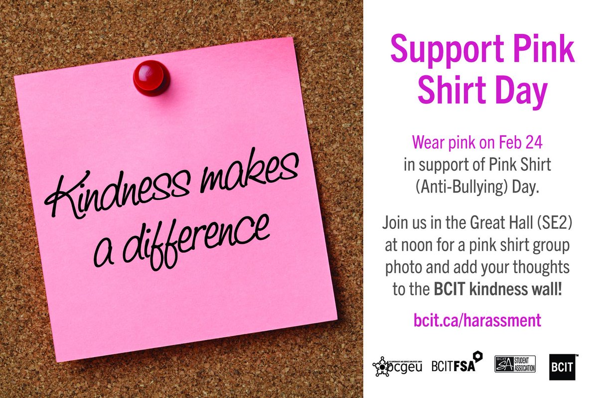 bcit's tweet photo. Don't forget it's #PinkShirtDay on Weds - wear pink, spread kindness & raise awareness. #BCITkindness #pinkitforward https://t.co/oEtwBQSPEW