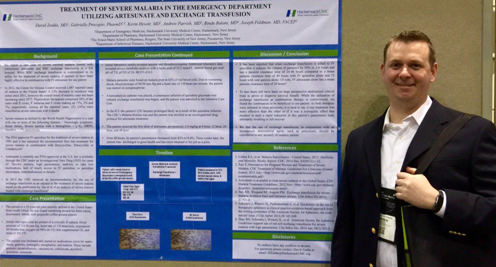 DavidZodda's tweet image. Congratulations @parrishco  #sccm2016 poster Novel Tx of Severe Malaria @hackEMres @HackensackUMC #FOAMed
