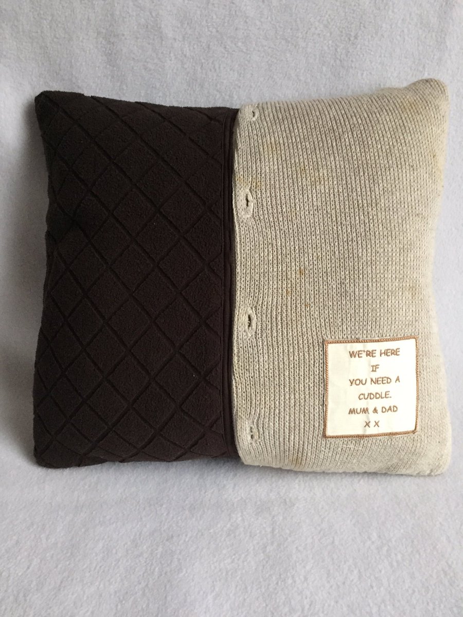 Serenzipity's tweet photo. This cushion is made from a lady's late parents clothing.Waistcoat from dad,body warmer from mum. #cuddles please RT https://t.co/upQJNR1fzq