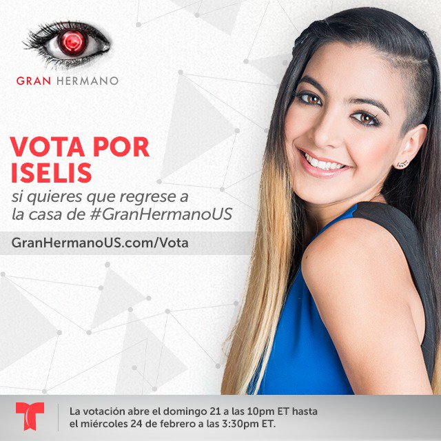 Si quieres que #IselisGHUS regrese a la casa de #GranHermanoUS vota por ella en GranHermanoTV.com/vota