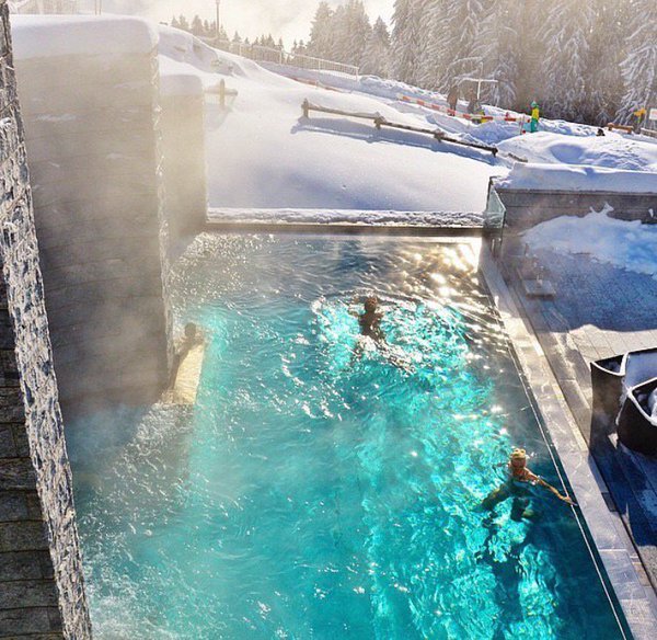 Hot springs pool in the Swiss Alps.