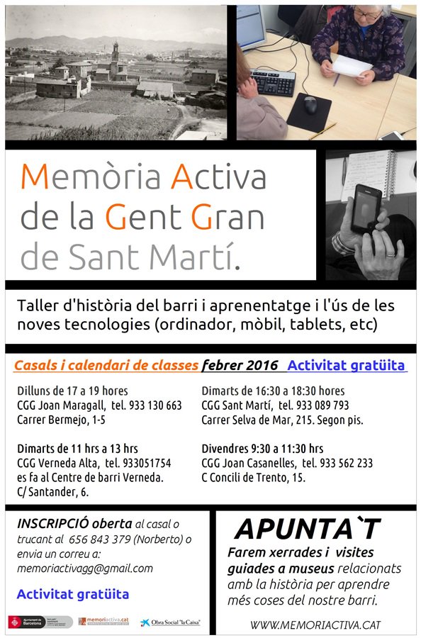 Inscripció oberta al Taller d'historia del barri i l'ús de les TICS #gentgran <a href="/MemoriActiva/">MemoriActiva</a> shar.es/1CanMn