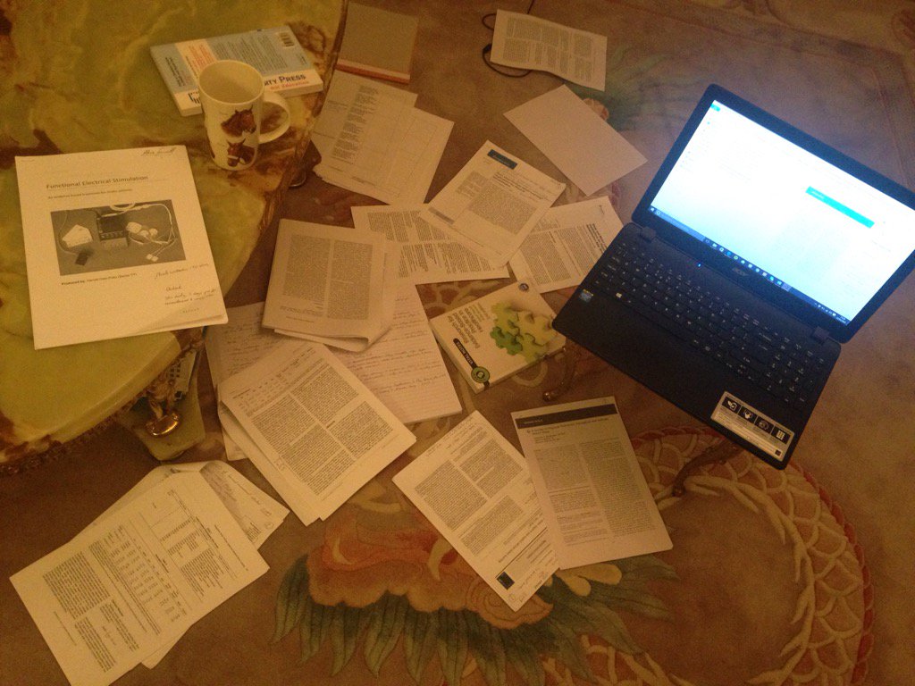 AliceBFarrell's tweet photo. Papers everywhere = lit review writing in full swing @thecspstudents #physio #mscPT #litreview https://t.co/8URC0nkYj4