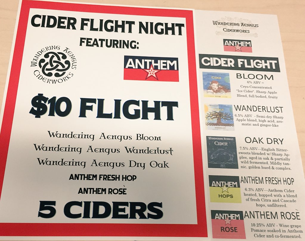 #cider flights tonite w/ <a href="/wacider/">Wandering Aengus</a>  <a href="/anthemcider/">Anthem Cider</a>! $10 Flights of 5 tasty #Craft ciders at 5pm