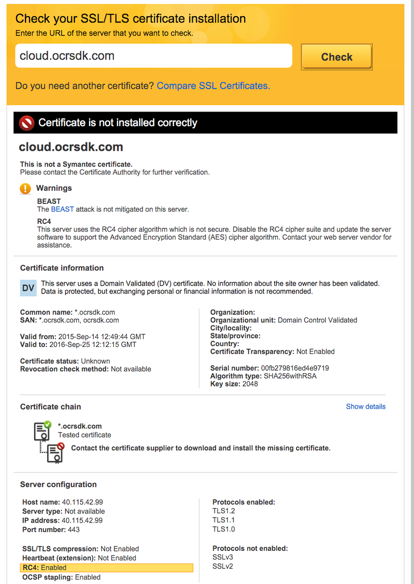 ericpres's tweet photo. @OCRSDKcom I checked your cert at https://t.co/WRpdpNGayF and it showed failures. https://t.co/aBIZYsDeL4