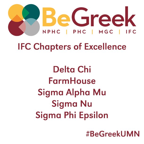 Congrats <a href="/IFC_UMN/">UMN IFC</a> Chapters of Excellence: @umndeltachi <a href="/MNFarmHouse/">FarmHouse UMN</a> <a href="/SAMKappa/">Sigma Alpha Mu - UMN</a> <a href="/SigmaNuGT/">Sigma Nu UMN</a> <a href="/SigEpMinnesota/">SigEp Minnesota</a> #BeGreekUMN