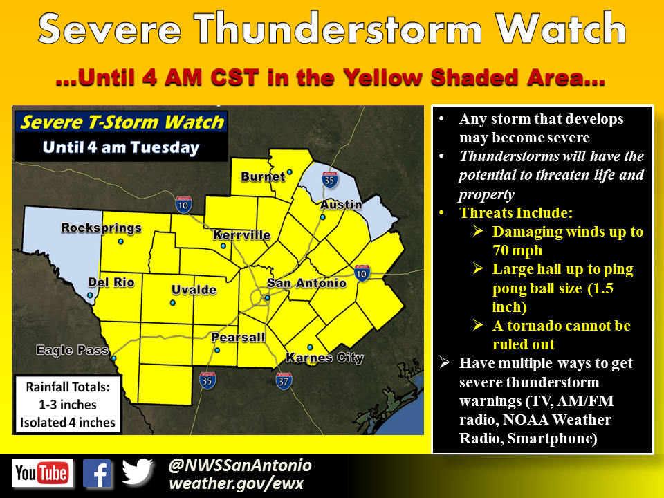 NWSSanAntonio's tweet photo. Severe T-storm Watch in effect until 4am CST. Damaging winds to 70 mph and hail to ping pong size possible. #txwx https://t.co/7NaKMKIdgb