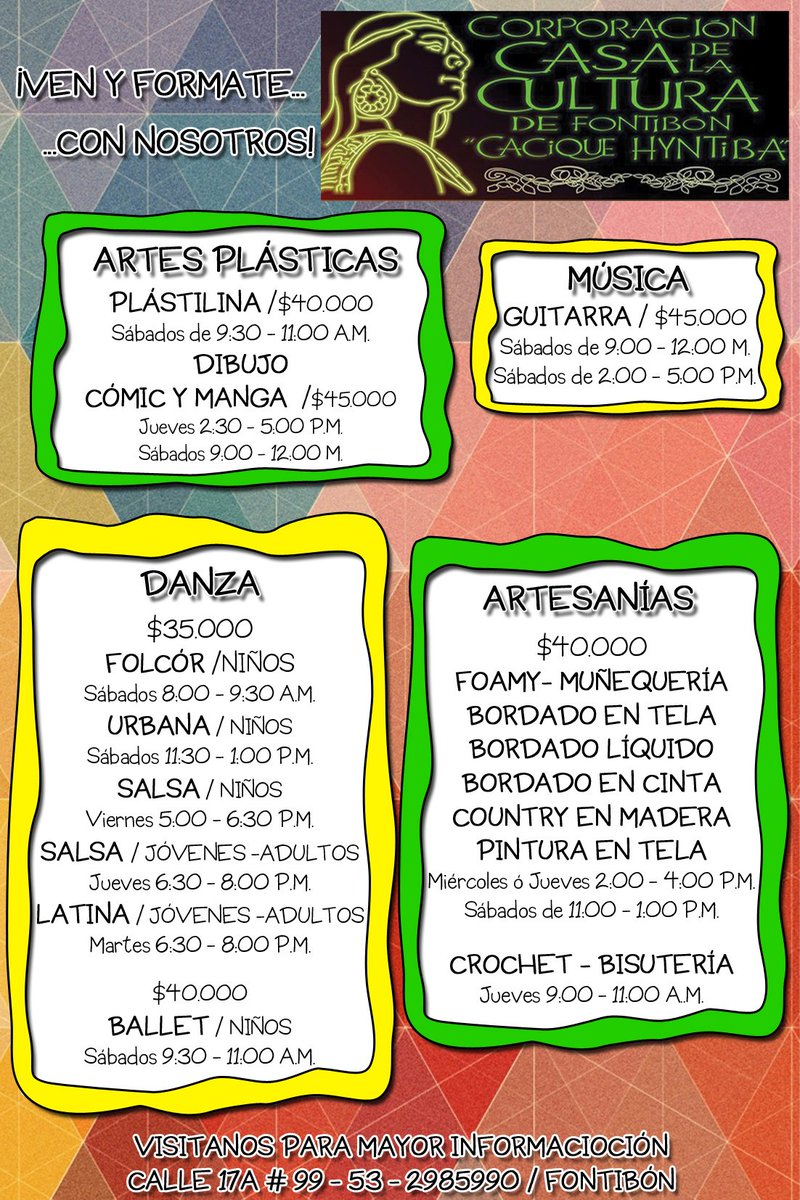 CasaFontibon's tweet photo. Talleres permanentes de danza, música, artes plásticas y artesanías, inscripciones abiertas. tel. 2985990 3168775974 https://t.co/0Flyn4XR5m