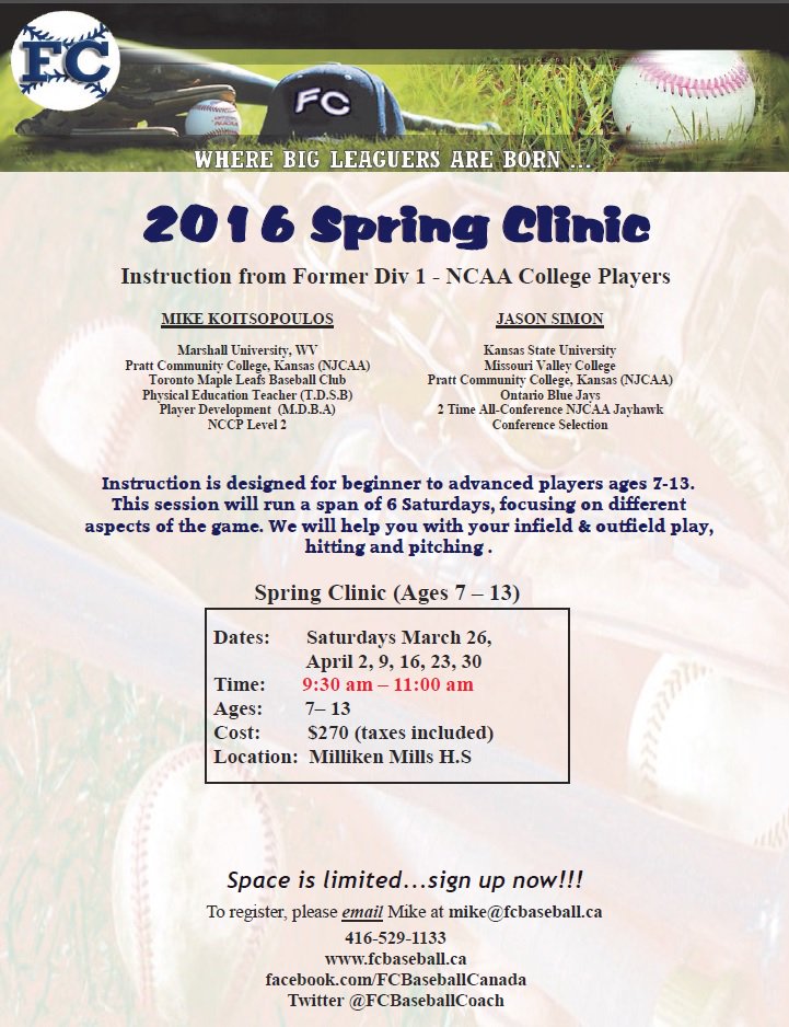FCBaseballCoach's tweet photo. Spring training is almost in full swing! Register now for FC Baseball's Spring Clinic! @MarkhamBaseball @SBAYankees https://t.co/tOgINLUQXT