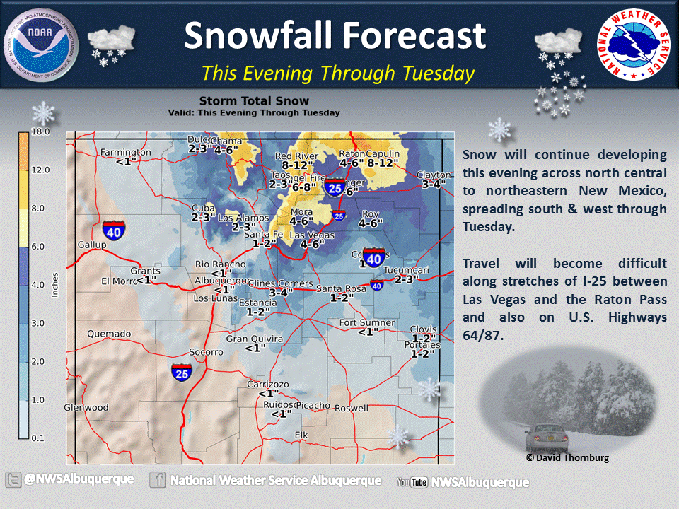 NWSAlbuquerque's tweet photo. Latest snow projections still peg highest amts over Sangre de Cristos near NM-CO border &amp; NE highlands of NM. #nmwx https://t.co/vVoPt6xWI0
