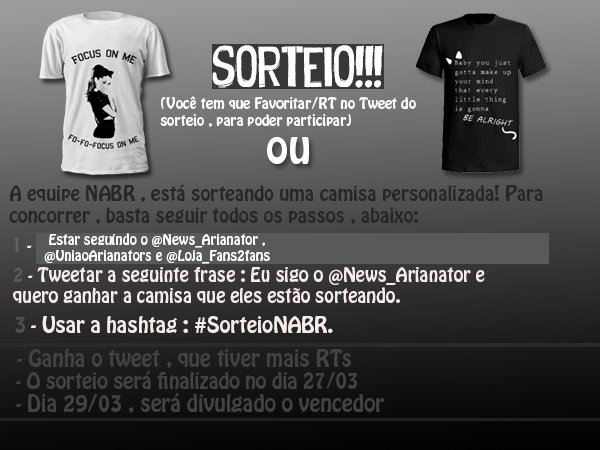 gomezprincz's tweet image. Eu sigo o @News_arianator e quero ganhar a camisa que eles estão sorteando #SorteioNABR