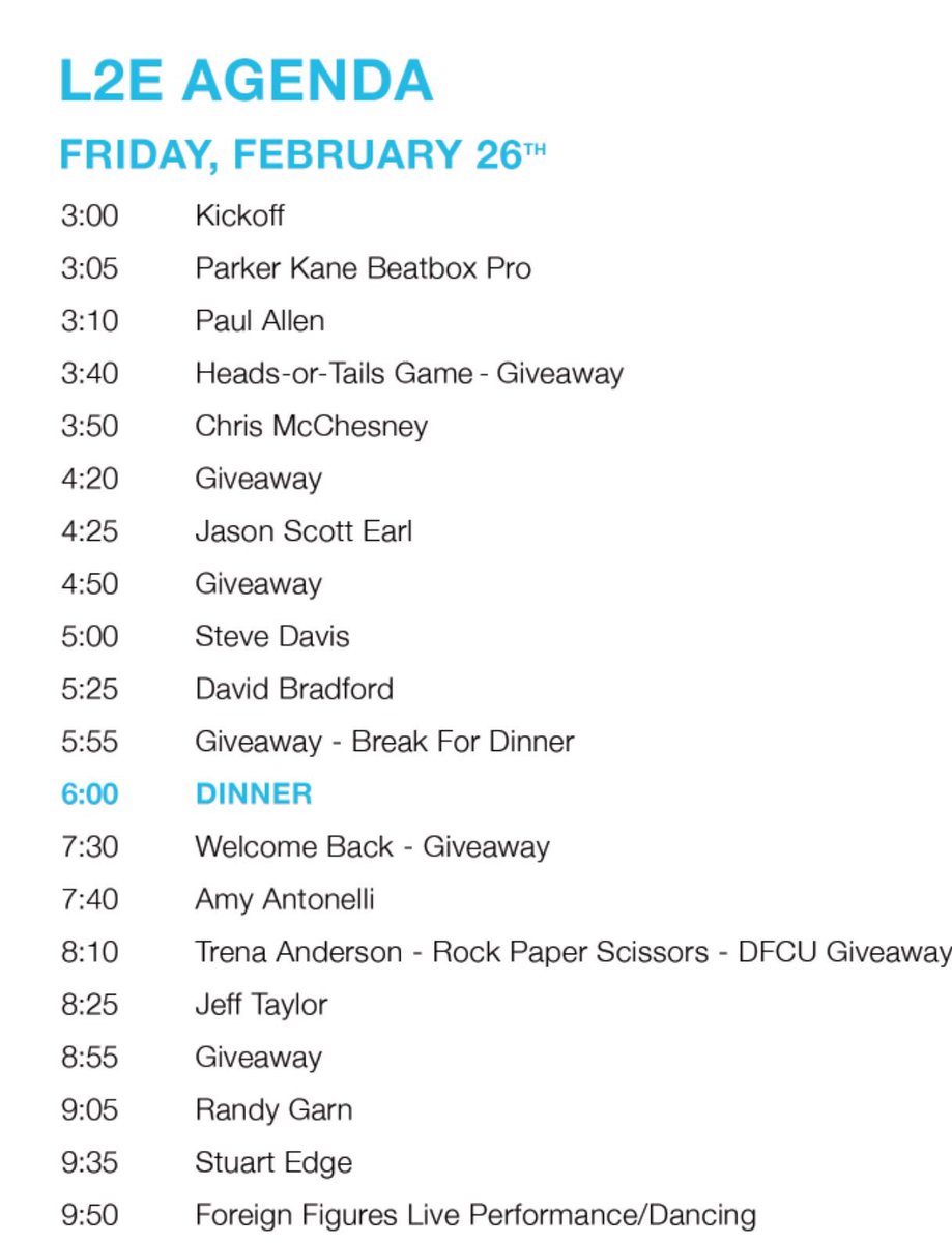 SpencerTaggart's tweet photo. Here is the schedule for #L2E2016 - You're not going to want to miss one minute. https://t.co/il3fyod7qp
