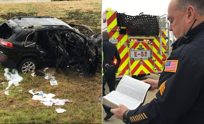 FoxNews's tweet photo. Bible undamaged after SUV bursts into flames on Tennessee highway  https://t.co/Hxp6UfS4gP https://t.co/MUWDxpNdly