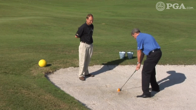 PGAAmateurGolf's tweet photo. WATCH: Escaping a bunker can be fun. Really! PGA's Joe Hallett and Mark Drenga show how: https://t.co/F4VHK6BZK3 https://t.co/YFHN8p48J0