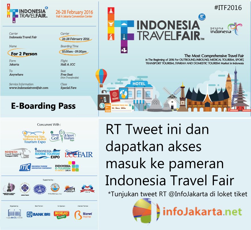 infojakarta's tweet photo. Jangan lupa ya Jakartans, BESOK ada pameran Indonesia Travel Fair di JCC, tiketnya? RT tweet ini saja lho! :) https://t.co/nHv8ifMstv