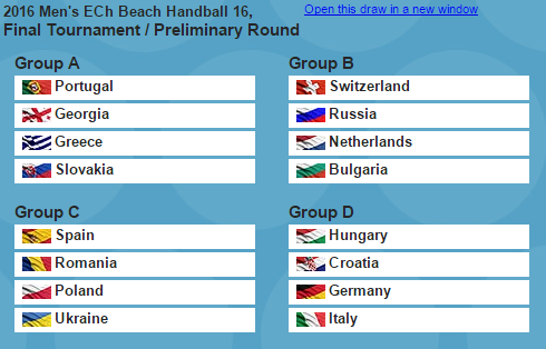 EHF_Activities's tweet photo. Here's the result of the Men's 16 Beach Handball European Championship draw. 8 to 10 July 2016 in Nazare, Portugal! https://t.co/xB1QQwRLfL