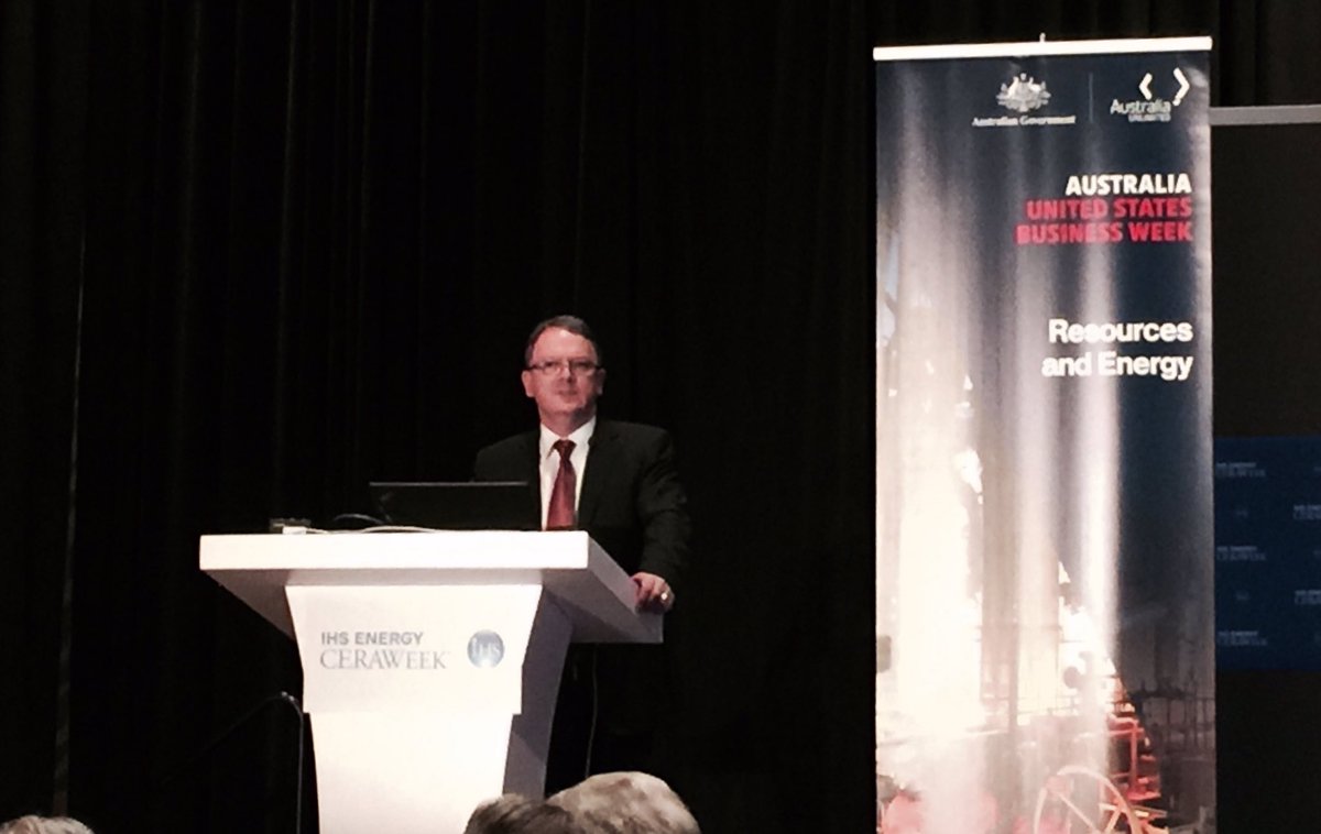 markstickells's tweet photo. @WoodsideEnergy CEO Peter Coleman #AUSBW "think about Australia in a different way, it's truly innovative" #CERAWeek https://t.co/O4GbYrvCfe