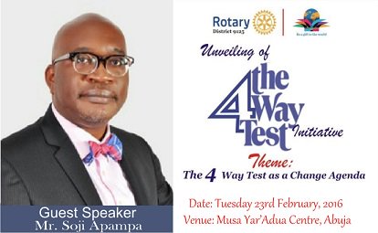 MikeOmotosho's tweet photo. Join @sojapa of Integrity Organisation as we discuss #The4WayTest as a Change Agenda.Powered by @Rotary9125 https://t.co/K1nZB9smYt