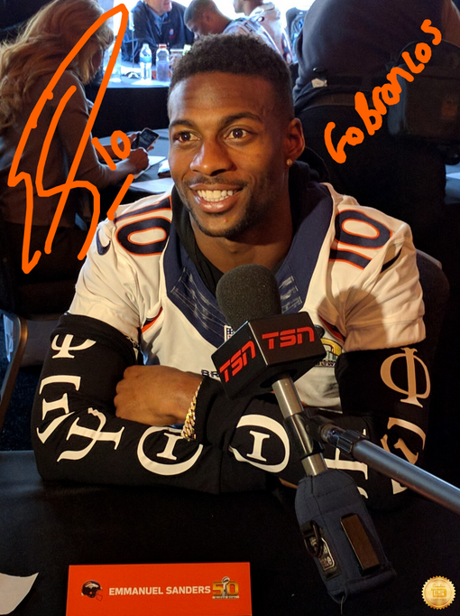 docllv's tweet photo. So cool to get my photo of interviewing @ESanders_10 before #SB50 autographed by No. 10. Thanks E! #EsandersApp https://t.co/YwrqyyehQB