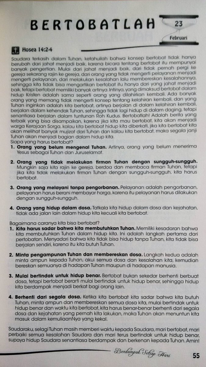 PastorGilbertL's tweet image. Renungan Firman Tuhan, Selasa 23 Feb'16 "Bertobatlah !!" Diambil dari buku: Berdampak Setiap Hari