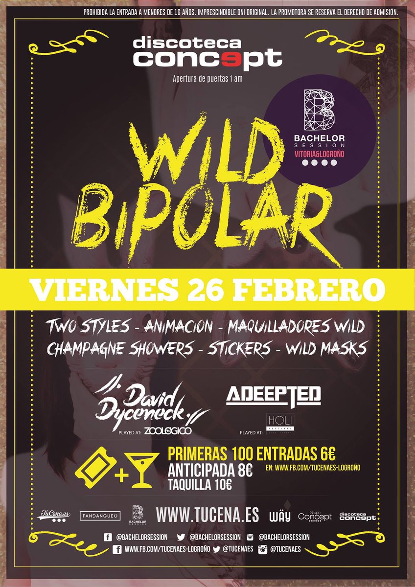 concept_insti's tweet photo. Este viernes la fiesta Bachelor Session más WILD llega a Logroño...
¡¡¡WILD BIPOLAR!!! 🙉
+info en imagen https://t.co/qNuM48jrmo