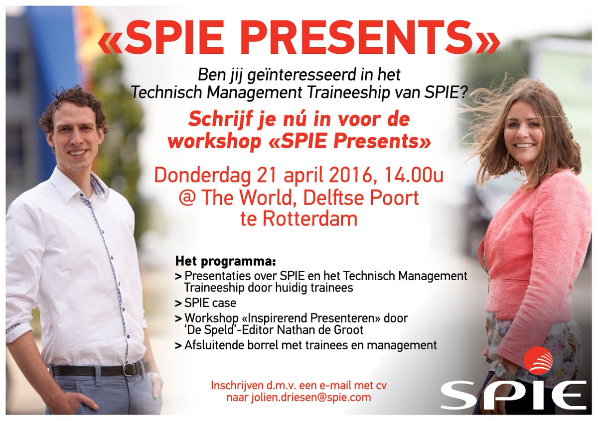 SPIENederland's tweet photo. #SPIE organiseert een #workshop voor #TU studenten die interesse hebben in ons #Technisch #Management #Traineeship. https://t.co/aVySJKSrj1