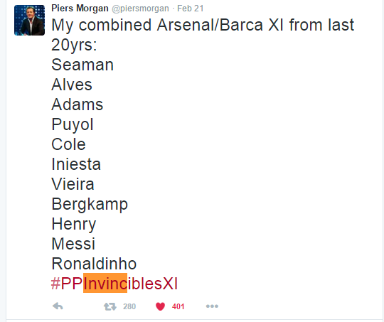 paddypower's tweet photo. .@piersmorgan has already had his say. Predict the #PPInvincibleXI and win tickets to an Arsenal league home game https://t.co/L9oCKOGPUP