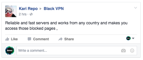 blackVPN's tweet photo. Thanks for the review on Facebook Kari #blackvpn https://t.co/hmRMdBvaF1