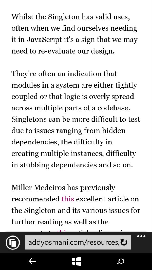 iamakulov's tweet image. “Singleton in JavaScript... is a sign that we may need to re-evaluate our design.” #learningpatterns