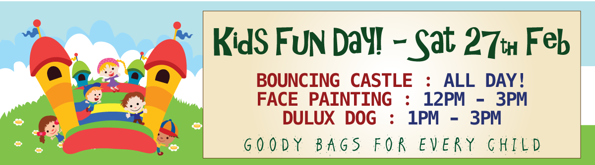TrimHire's tweet image. Kids Fun Day - #BouncingCastle #Facepainting #DuluxDog #GoodieBags 12-3pm at Trim Hire, Hardware &amp;amp; DIY Centre