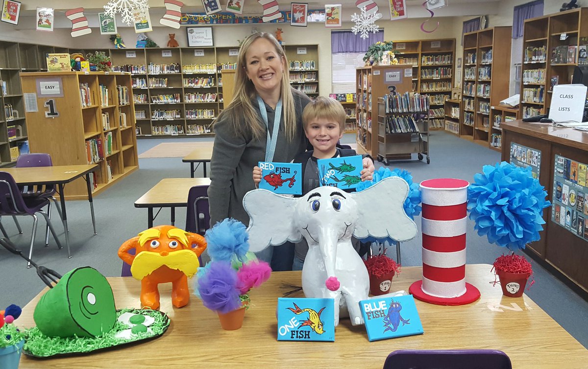 Look at our cool Dr. Suess decorations Kie &amp; his mom Rosemary made for our Library! <a href="/ozarkschools/">Ozark Schools</a> #HPRD