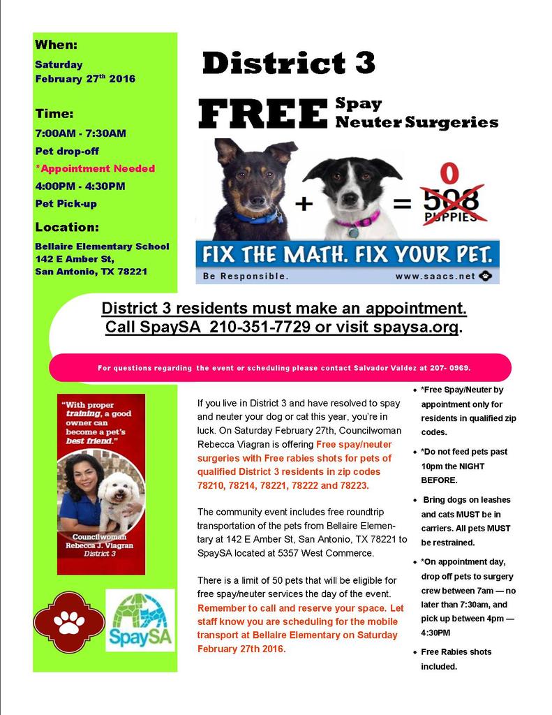 VoteViagran's tweet image. This Sat. FREE Spay/Neuter event #district3sa sign up for appointment!  keep our pets &amp;amp; neighborhood safer @SpaySA