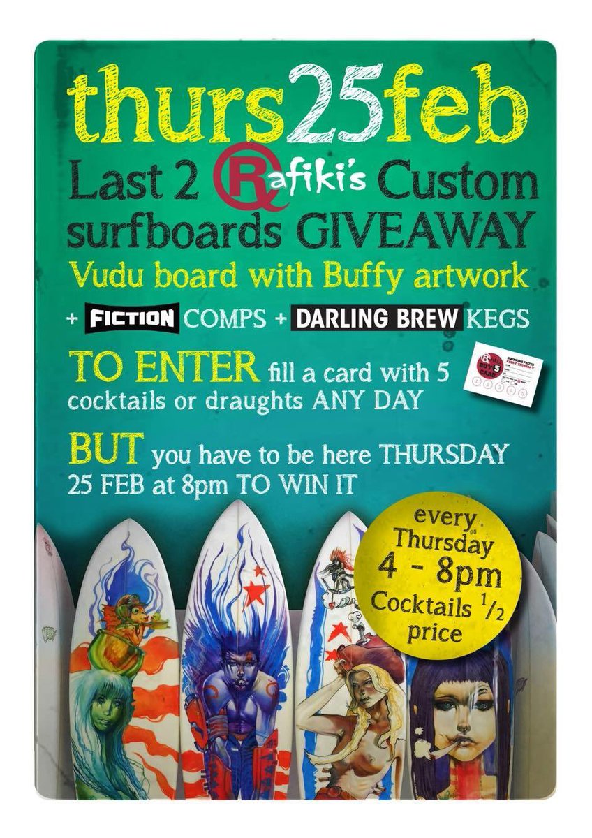 Win yourself a rad <a href="/VuduSurf/">Vudu Surf</a> surfboard, <a href="/FictionBar/">Fiction</a> comps &amp; <a href="/DarlingBrew/">Darling Brew</a> beer at Rafikis on Thursday! #AllTheThings