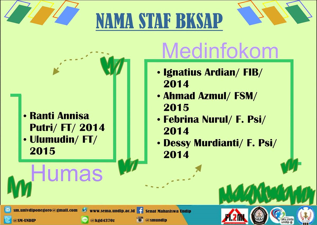 Staf BKSAP
<a href="/senatFEBundip/">Senat Mahasiswa FEB Undip</a> <a href="/SENATFT_Undip/">Senat Teknik Undip</a> <a href="/SenatFKUndip/">Senat FK Undip</a> <a href="/SenatFPP/">Senat FPP Undip</a> <a href="/seputarUNDIP/">Seputar Undip</a> <a href="/seputarkampus/">Seputar Kampus</a> 
#merangkaiharmoni