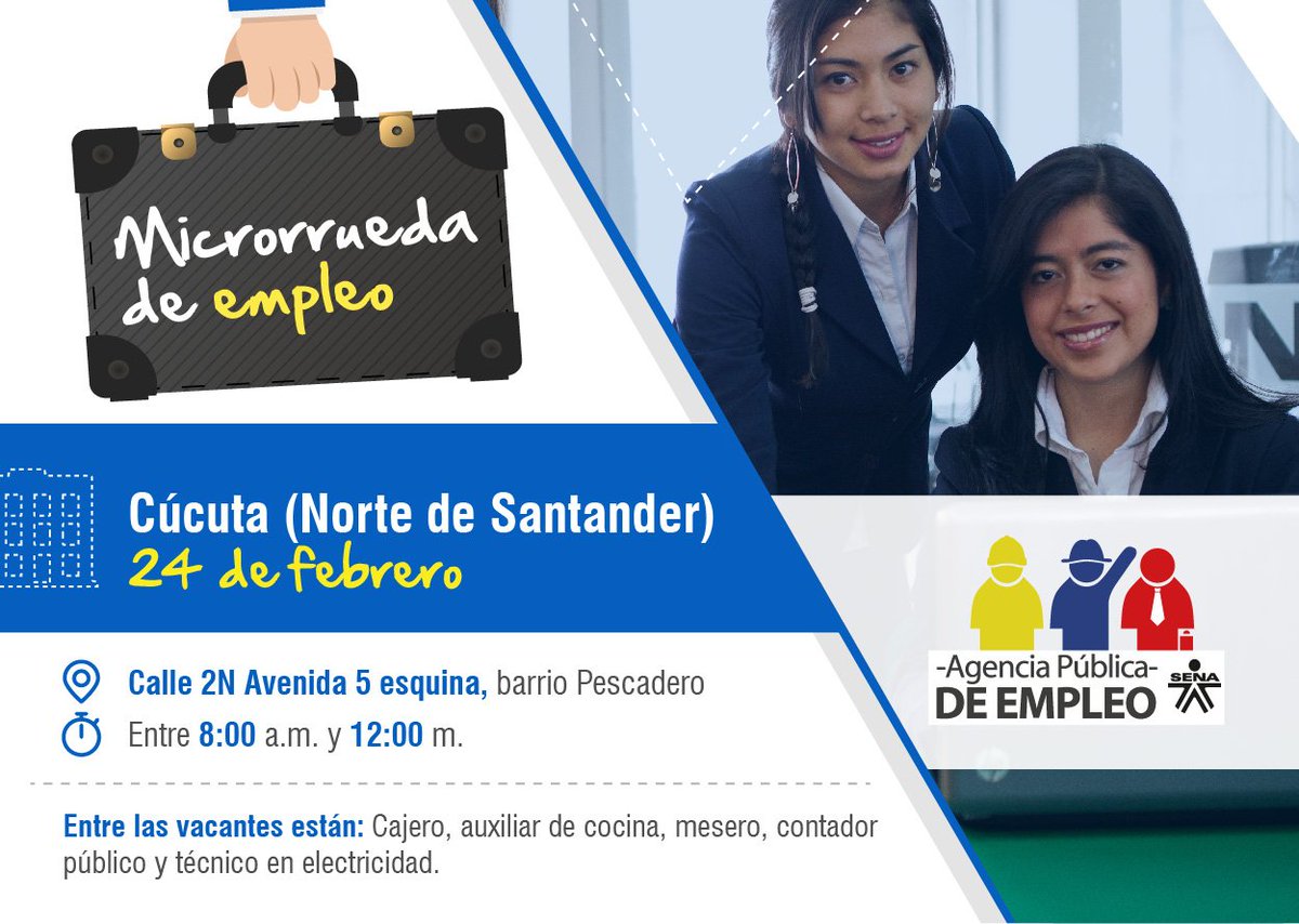SENAComunica's tweet photo. ¡Atención Cúcuta! Mañana realizamos una nueva jornada de micorrueda de #SENAEmpleo. #TrabajoSíHay https://t.co/3Dr1XYyCTX